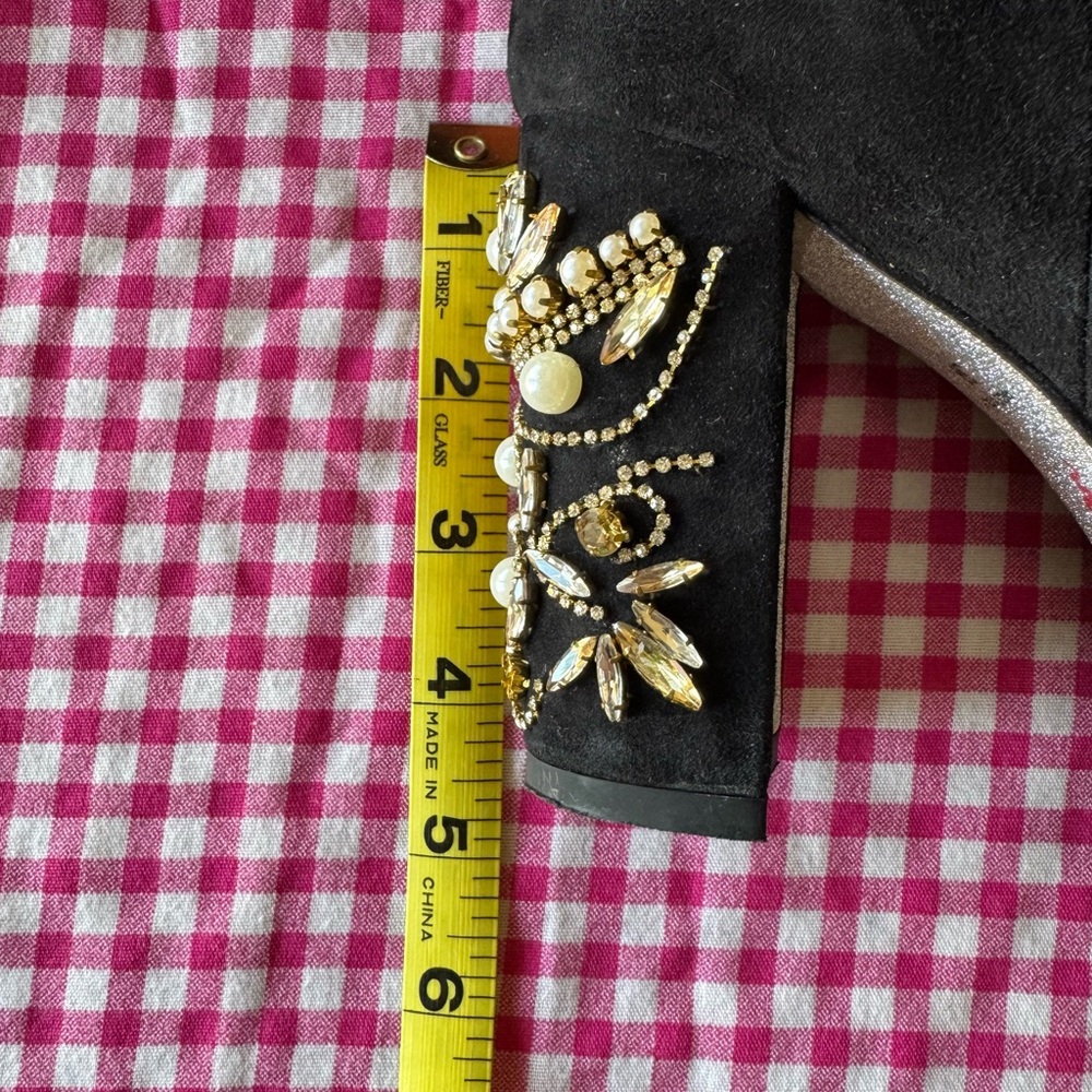 Elegant Black Suede Ankle Boots with Embellished Heels - Picture 8 of 8